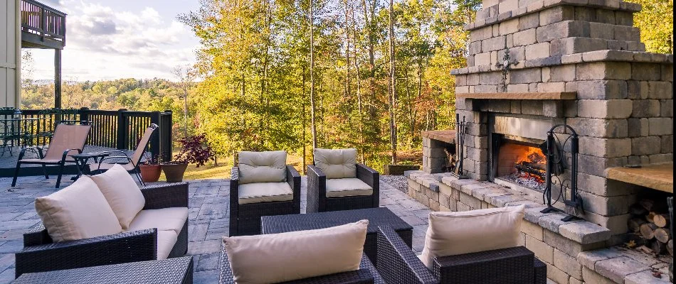 Professional photo of an outdoor fireplace.